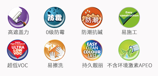 高遮盖力、0级防霉防潮抗碱、易施工、超低VOC、易擦洗、持久靓丽、不含环境激素APEO